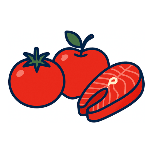 a red tomato, a red apple and a red salmon fillet together